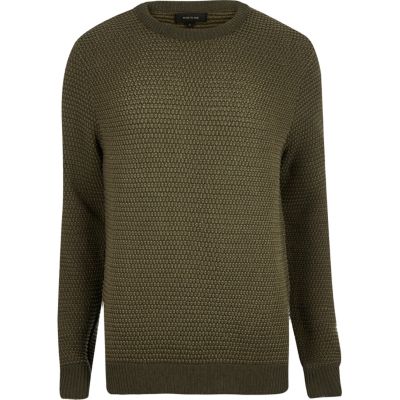 Khaki green textured knitted jumper